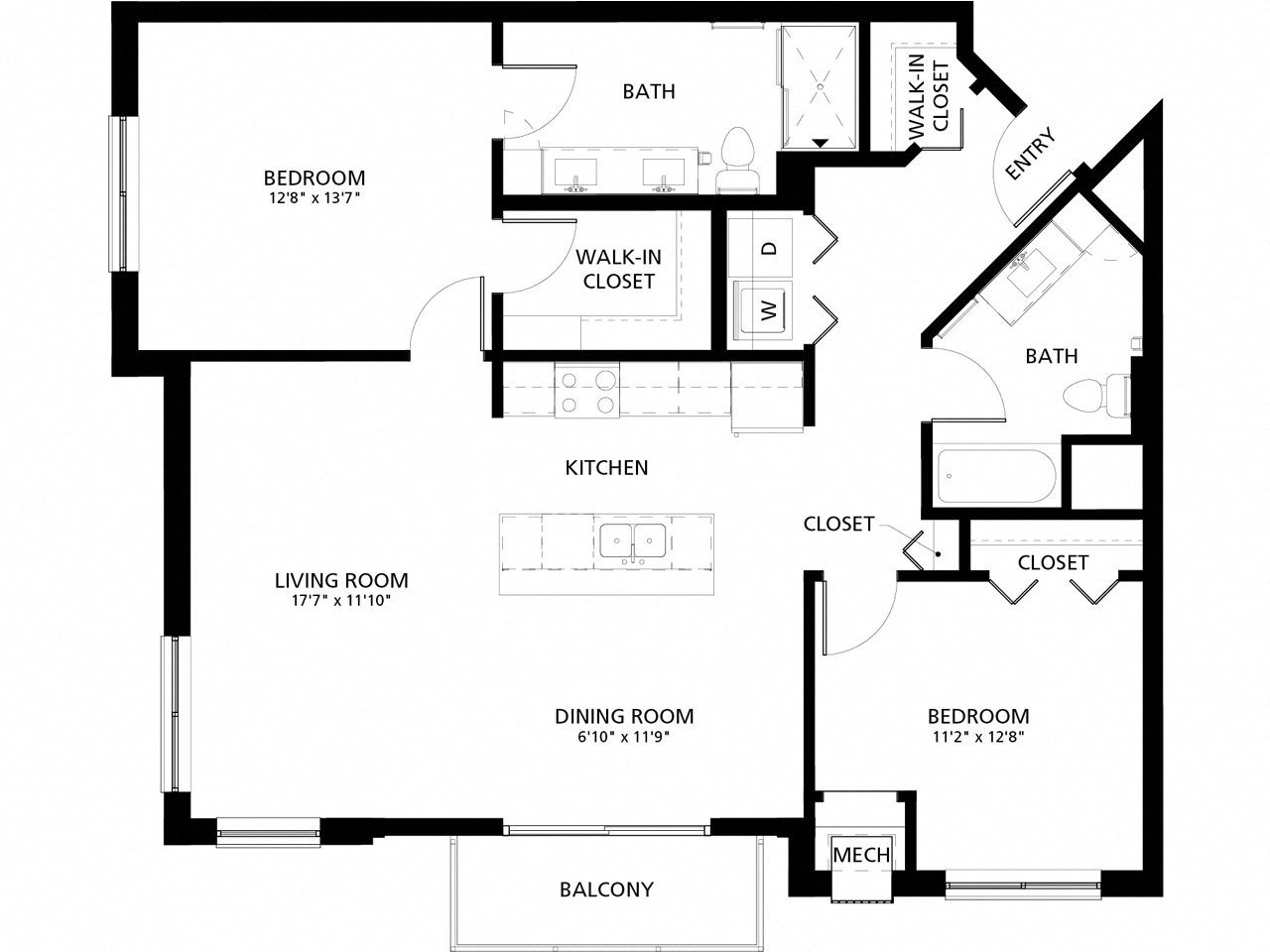 Floor plan for 2 beds, 2 baths, 1188 sqft